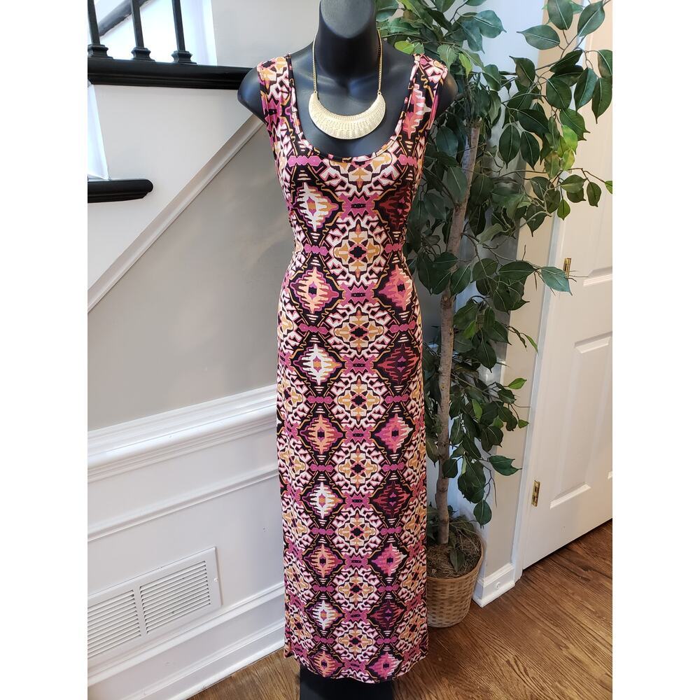 House of Bailey Long Maxi Dress Womens Large Multi Scoop Neck Drawstring Waist